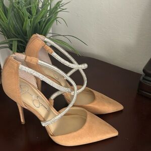 new natural suede heels with silver Jessica Simpson